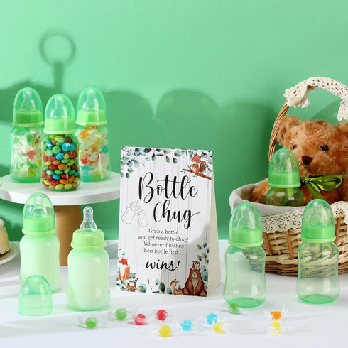 TrelaCo Bottle Chug Baby Shower Game Sign, 20 Pcs Baby Bottles Shower Favor, Plastic Greenery Flowers Bear Elephant