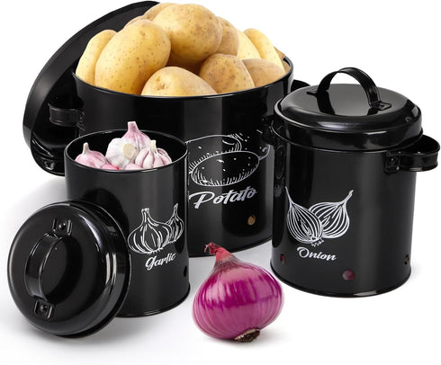 3 Pack Set, Frcctre Vegetable Storage Tins, Potato Onion Garlic Storage Canister Black Metal Kitchen Vegetable Keeper