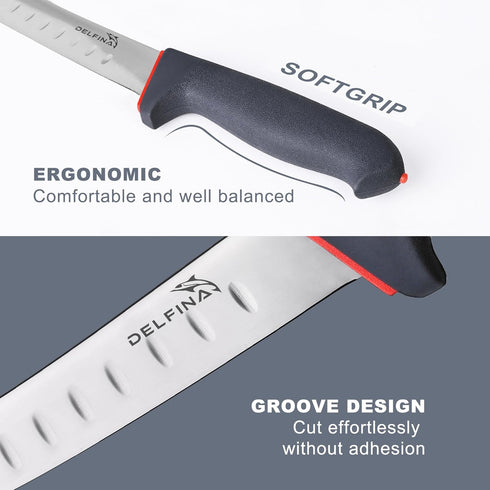 DELFINA Curved Breaking Knife 8 inch W/Sheath & SoftGrip Handle, Butcher Breaking Knife For Meat Cutting, High Carbon Japanese Steel (8 inch) by DELFINA