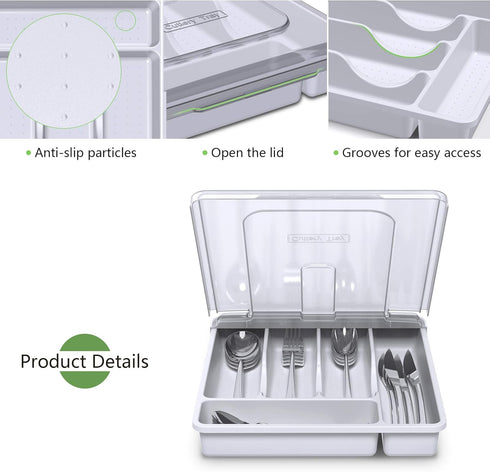 Utensil Holder for Countertop with Lid, Plastic Silverware Tray for Drawer, 5 Compartments Flatware Organizer, White