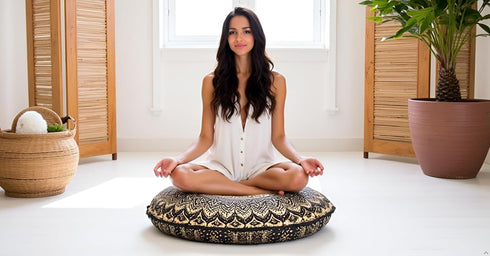 32" Gold Mandala Barmeri Large Floor Pillow Cover - Hippie Decorative Zipped Pouf Ottoman (Gold Black)