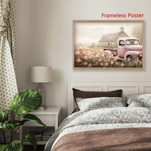BACKYMRJCART Farmhouse Truck Canvas Wall Art, Vintage Landscape Art Prints with Pink Flowers, No Frame