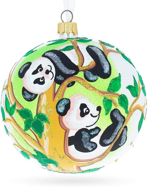 Panda Bears on Tree Branch Glass Ball Christmas Ornament, 4 Inches