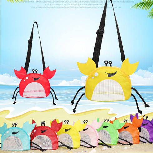 Kids Mesh Beach Bag, Cute Crab-Shaped Seashell Collecting Bag with Adjustable Strap for Holding Shell Beach Toy