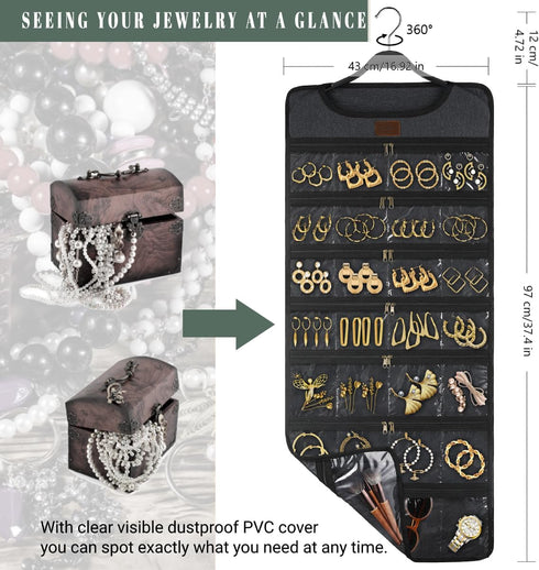 SMRITI Hanging Jewelry Organizer with Dual Zippered Pockets, Canvas Double Sided Rotating Hanger for Necklaces and