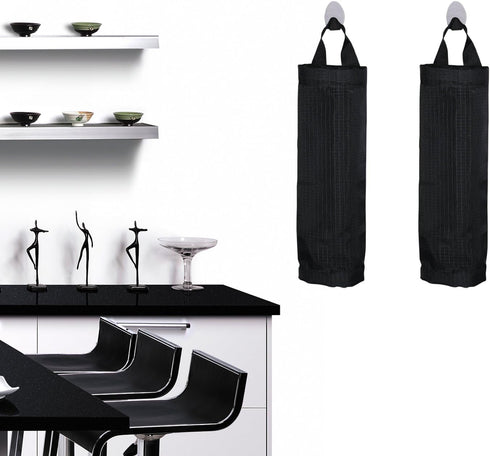 Sulimy Mesh Garbage Bag Holder Dispensers, 2pcs Folding Trash Bags Organizers with 2 Hooks for Home Kitchen, Black