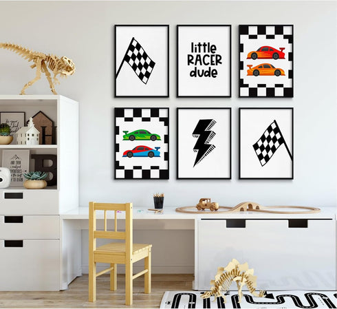 Tanmart Set 6 12x16 Inch Race Car Wall Art Pictures Boys Room Wall Decor Nursery Toddler Canvas Wall Art Kids Playroom