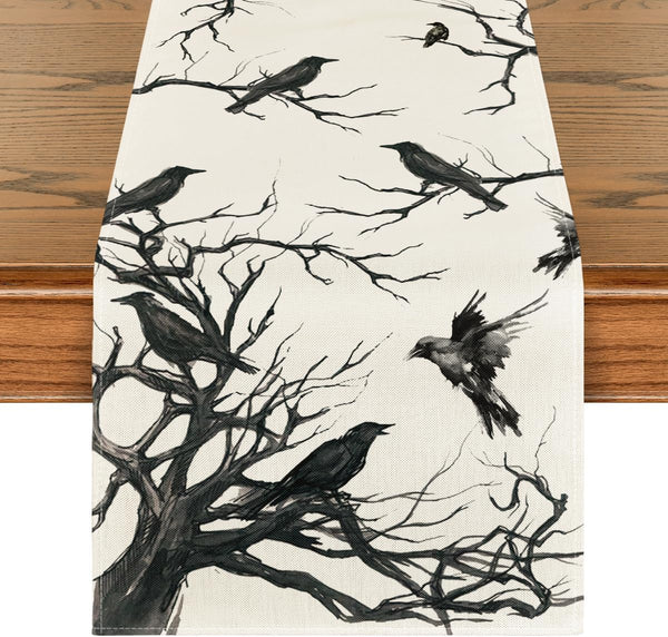Artoid Mode Silhouette Tree Crows Branches Halloween Table Runner, Seasonal Fall Kitchen