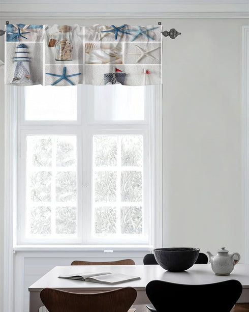 Summer Coastal Grid Valances Curtain for Kitchen Cafe, Ocean Starfish Lighthouse Window Treatment, 42"x 12"