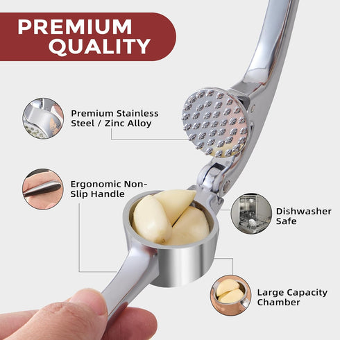 Set SAFI Garlic Press - Premium Zinc Alloy Garlic Mincer Efficient Garlic Crusher & Presser Heavy-Duty Rust-Proof