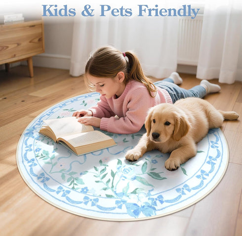 4ft Collive Blue Bow Round Rugs for Girls, Floral Washable Circle Rug for Bedroom, Cute Ultra-Thin Non Slip Indoor