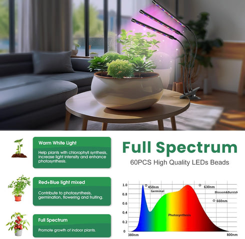 2PCS 3 120 3 6/12/16H 5 Dimmable Garpsen Led Grow Light, Heads Full Spectrum Clip Plant Light for Indoor Plants, LEDs