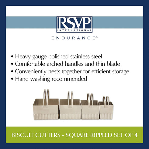 RSVP International Endurance Biscuit Cutters, Set of 4, Rippled Square, Stainless