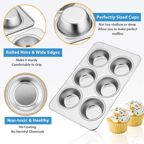 E-far Muffin Pan Set of 2, Stainless Steel 6-Cup Baking Tray, Non-toxic & Healthy, Oven & Dishwasher Safe