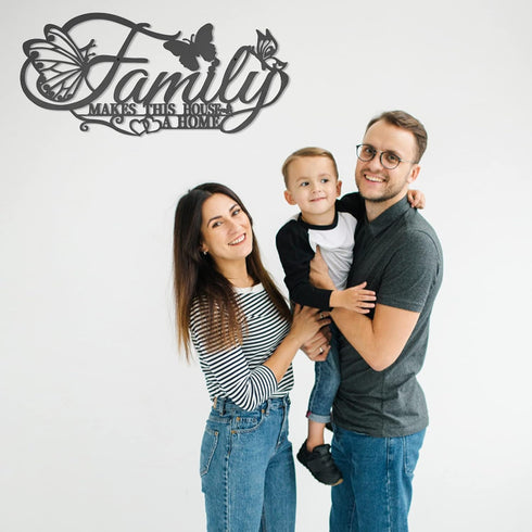 Family Metal Wall Decor Word Sign, Black Family Makes This House A Home Art, Butterflies Love Heart Wall Hanging