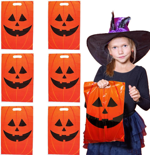 GiftExpress 50-Pack Jack O Lantern Trick or Treat Goody Bags - 11" x 17", Durable Plastic Halloween Party Favors
