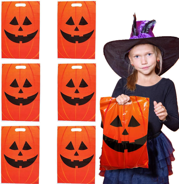 GiftExpress 50-Pack Jack O Lantern Trick or Treat Goody Bags - 11" x 17", Durable Plastic Halloween Party Favors