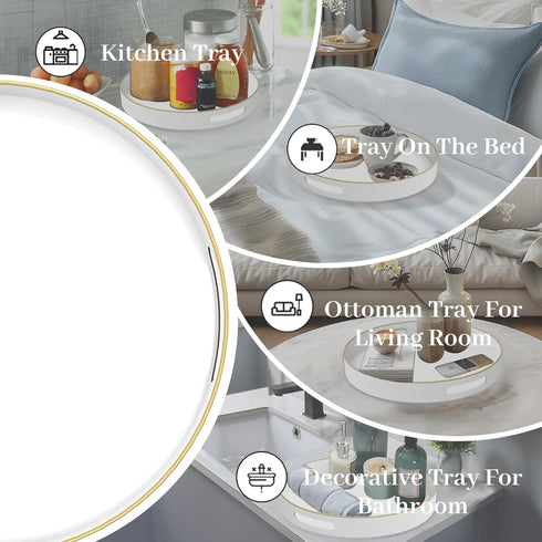 13" MAONAME White Decorative Tray for Coffee Table, Modern Round Serving Tray with Handles, Plastic Tea Trays
