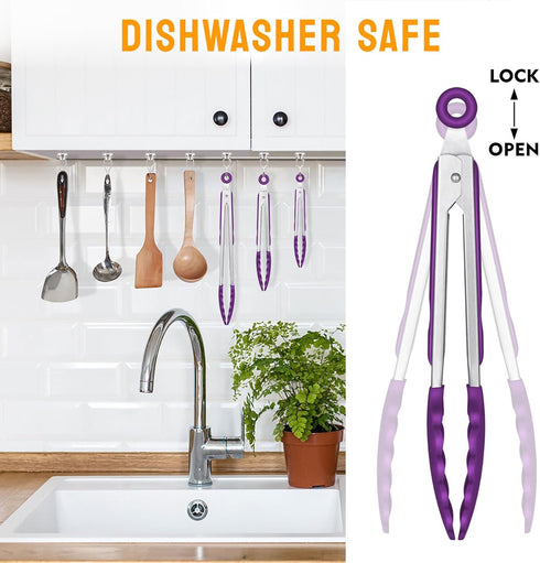 HOTEC Premium Stainless Steel Locking Kitchen Tongs, Set of 3 - 7", 9" and 12" (Purple)