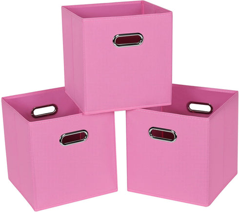 Fabric Cloth Storage Bins, Set of 3 Foldable Cube Baskets with Dual Handles for Home Bedroom Storage, Pink