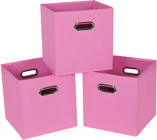 Fabric Cloth Storage Bins, Set of 3 Foldable Cube Baskets with Dual Handles for Home Bedroom Storage, Pink