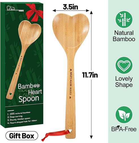 Bamboo Heart Shaped Spoon for Cooking, Wooden Kitchen Utensils, Valentine's Gifts for Mom