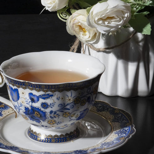ACMLIFE 6.8 oz Set, Bone China Tea Cups and Saucers, Tea Cup and Saucer with Gold Trim and Gift Box, Blue and White