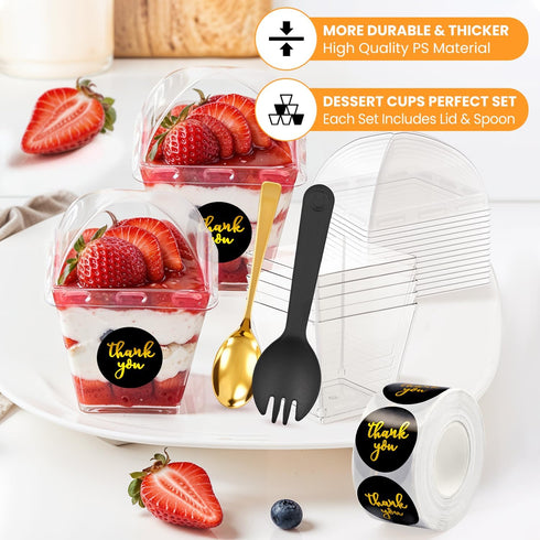 SEIION 310 3oz Pcs Mini Dessert Cups with Lids, Spoons & Bonus Forks Clear Plastic Appetizer & Dessert Cups for Party