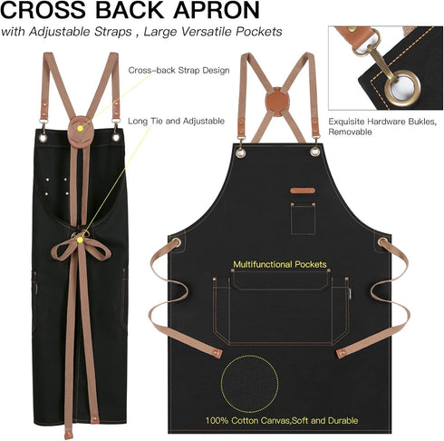 Chef Apron for Men and Women with Gift Box, Cross Back Apron with Pockets for Cooking, Baking, Cotton Canvas Work Apron