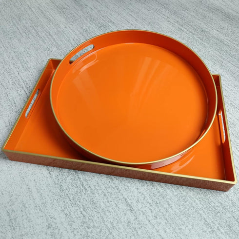 13" Spsyrine Round Orange Decorative Tray, Plastic Serving Table Tray with Handles for Breakfast, Coffee Table