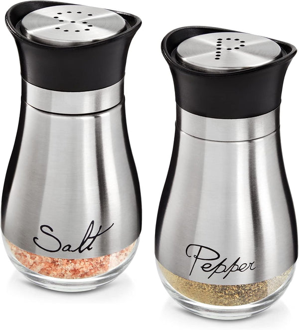 Stainless Steel Salt and Pepper Shaker Set with Glass Bottom, Perforated "S"