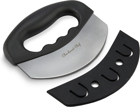 Checkered Chef Salad Chopper Tool with Cover - Mezzaluna Knife Stainless Steel Vegetable Rocker