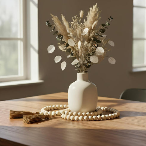 WIWUE GUO 59in Farmhouse Beads, Wood Bead Garland with Tassels, Bookshelf Decor for Tiered Tray, Decorative Tassel