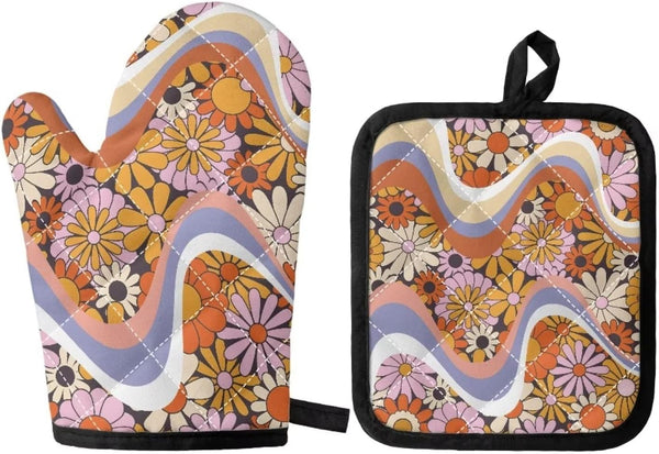 JEOCODY Boho Hippie Daisy Heat Resistant Pot Holders, Thickening Non-Slip Oven Mitts Kitchen Accessories