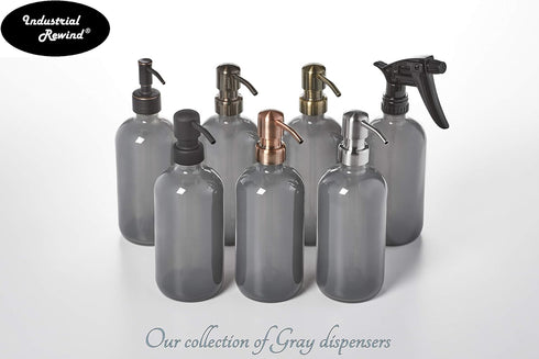 Gray Soap Dispenser with Black Pump, Non-Slip Coaster, Semi Translucent Smokey Grey 16oz Glass Bottle