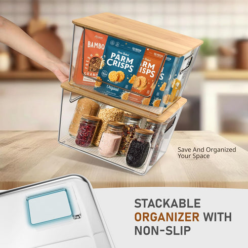 Stackable Storage Bin Sets for Pantry, Front Open & Enclosed, Clear Plastic Baskets with Lid & Handle (2+2)
