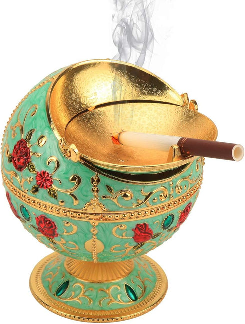 LAUYOO Windproof Ashtray with Lid for Cigarettes, Metal Portable Cigar Odor Eliminator, Jade-green