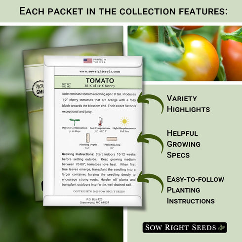 Sow Right Seeds - Cherry Tomato Seed Collection for Planting - Black, Large Red, White, Orange, Bi-Color Cherry