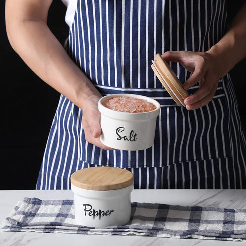 HAOTOP Salt and Pepper Bowls, 12.5 oz Ceramic Container with Wooden Lid for Countertop, Farmhouse Kitchen Decor