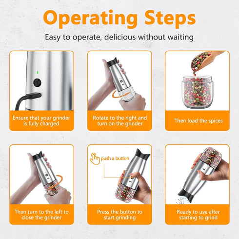 Gravity Electric Salt and Pepper Grinder Set, USB Rechargeable, Automatic Mill Grinder with Adjustable Coarseness