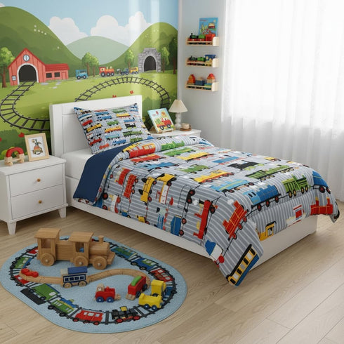 Set Sets 2Pcs,Gray, Erosebridal Boys Comforter Toddler Size Train Bedding, Colorful Steam Engine Truck Bedding