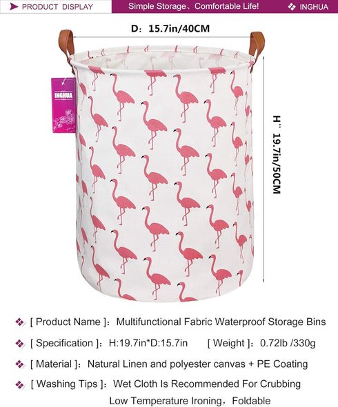 Laundry Hamper Large Canvas Fabric - Lightweight Storage Basket for Toy Organizer and Dirty Clothes (Flamingos)