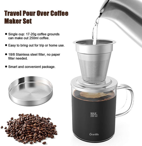 Pour Over Coffee Maker Set for Travel/Camping/Hiking, 14 Oz Borosilicate Glass Mug, Stainless Steel Coffee Filter