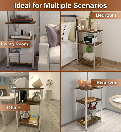 Tigerden 3 Tier Side Table, Heavy Duty End Table with Shelves, Narrow Nightstand Table for Small Spaces, Record Player