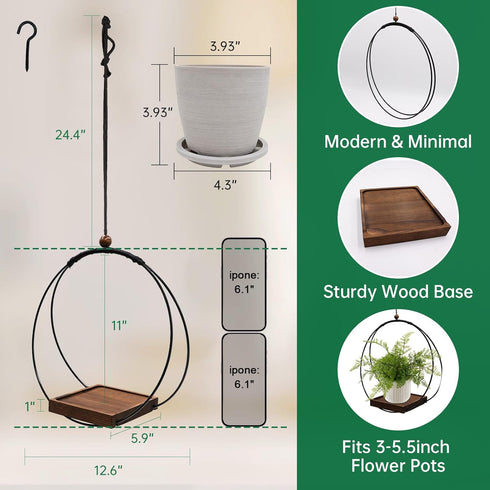 Stands(2 Pack+Pots) hismocal Hanging Planter for Indoor Plants,Plant Hanger with Sturdy Wood Base & Pot, Modern Boho