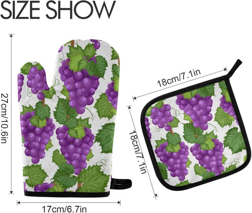 Purple Grape Vine Potholders and Oven Mitts, Non-Slip Heat Resistant Sets for Kitchens and Baking