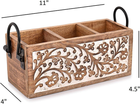 Mango Wood Utensil Drawer Organizer, Silverware Tray for Flatware Cutlery (11" x 4" x 4.5")