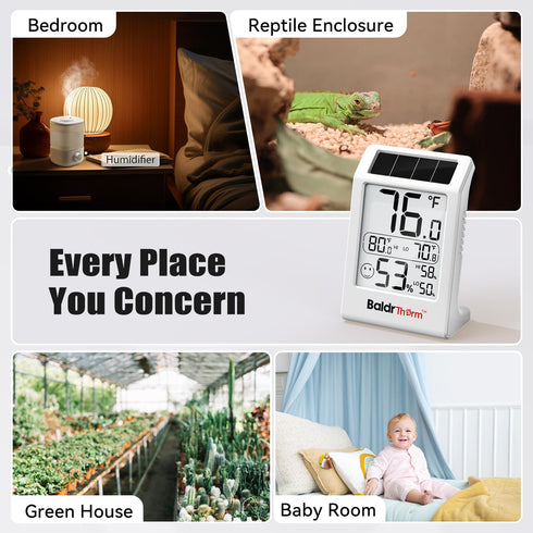 3.2'' 1Pack BaldrTherm Room Thermometer Indoor Humidity Meter, Solar-Powered Digital Temperature Sensor Monitor