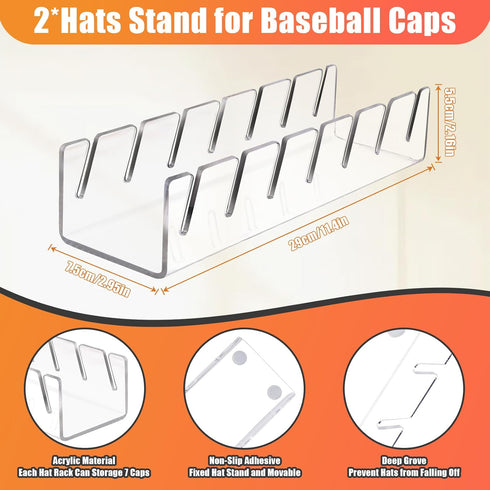 Baseball Caps Hat Stand Organizer, 2 Pcs No Install Acrylic Racks for 14 Caps, Display for Bedroom, Closet, Office