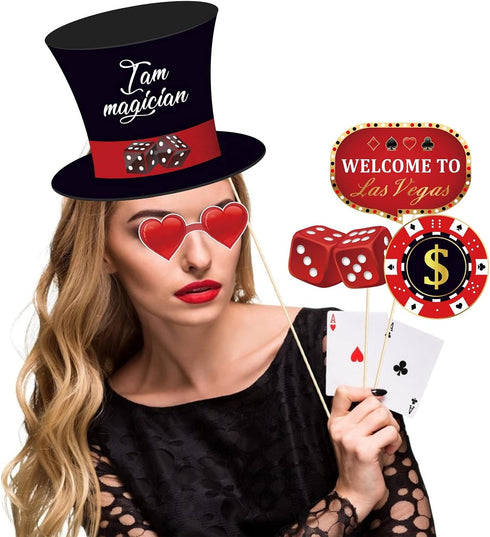 25Pcs Casino Photo Booth Props with Stick, Las Vegas Theme Selfie Props for Poker Night Birthday Party Supplies